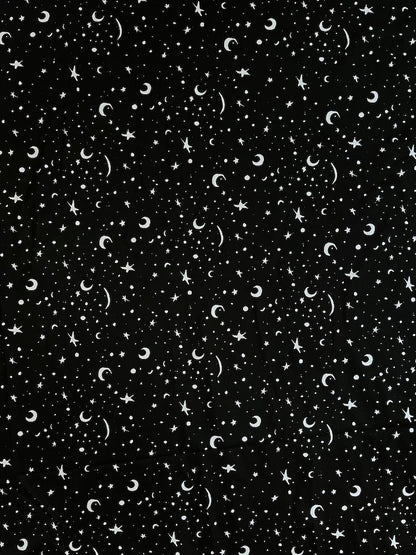 Pattern of stars and moons on a black background